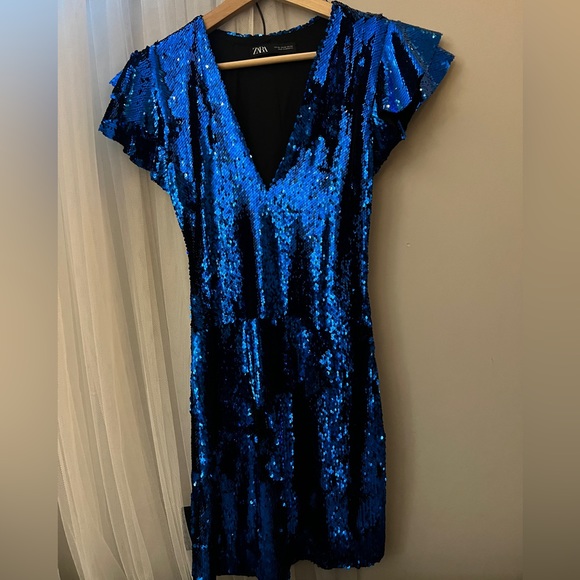 Zara sequin mini dress in blue. NWOT. XS - Picture 4 of 8